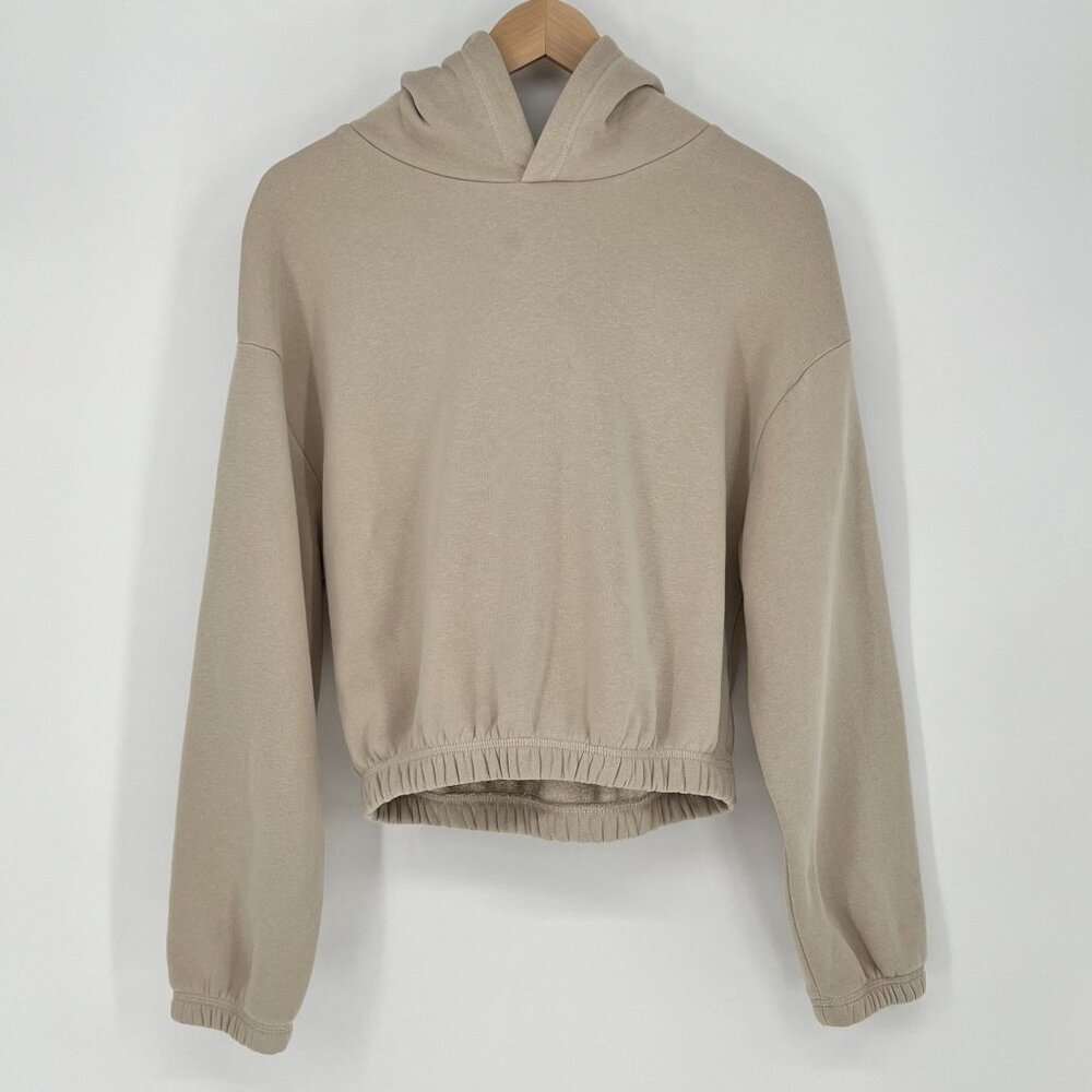 Zara Womens Cropped Hoodie Sweatshirt Size S Beige Soft Pullover Casual Basic